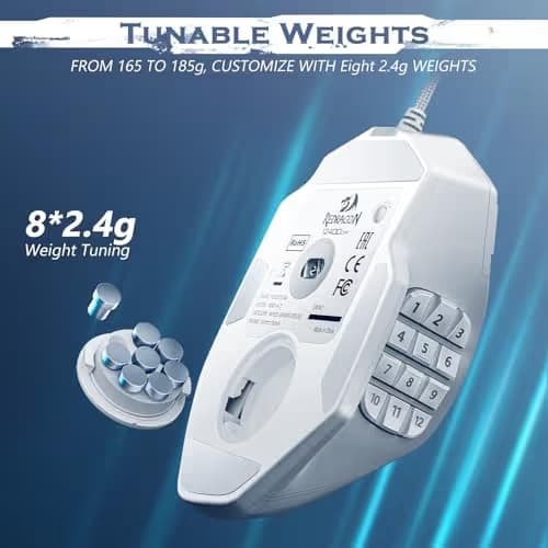 Redragon Gaming Mouse, MMO Gaming Mouse UP 12400 DPI, 19 Macro Programmable Buttons, RGB Mouse with 12 Side Buttons, 8 * 2.4g Weight Tuning for PC Laptop MOBA FPS, White image