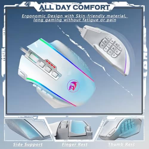 Redragon Gaming Mouse, MMO Gaming Mouse UP 12400 DPI, 19 Macro Programmable Buttons, RGB Mouse with 12 Side Buttons, 8 * 2.4g Weight Tuning for PC Laptop MOBA FPS, White image