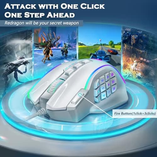 Redragon Gaming Mouse, MMO Gaming Mouse UP 12400 DPI, 19 Macro Programmable Buttons, RGB Mouse with 12 Side Buttons, 8 * 2.4g Weight Tuning for PC Laptop MOBA FPS, White image
