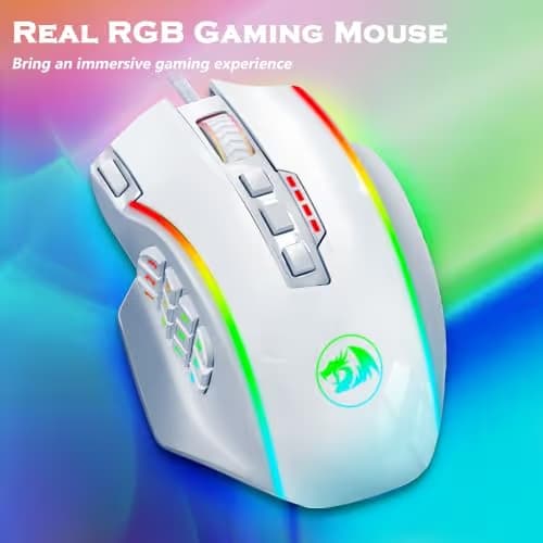 Redragon Gaming Mouse, MMO Gaming Mouse UP 12400 DPI, 19 Macro Programmable Buttons, RGB Mouse with 12 Side Buttons, 8 * 2.4g Weight Tuning for PC Laptop MOBA FPS, White image