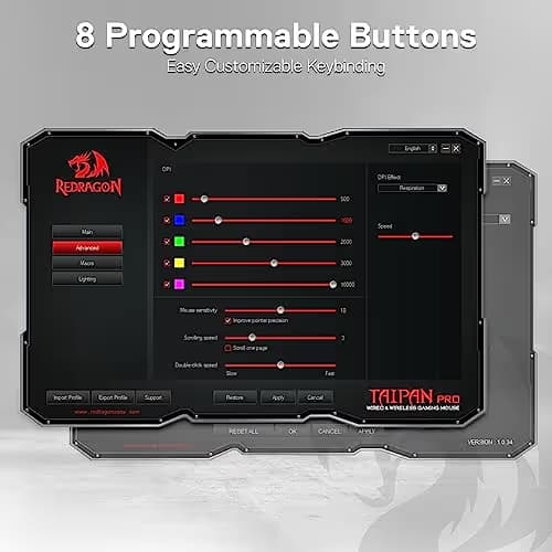 Redragon M810 Pro Wireless Gaming Mouse, 10000 DPI Wired/Wireless Mouse w/Rapid Fire Key, 8 Macro Buttons, 45-Hour Power Capacity and RGB Backlit for PC/Mac/Laptop image