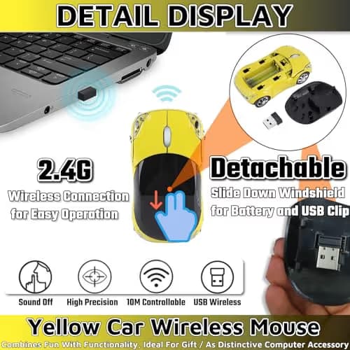 HuGuWdy Yellow Cute Wireless Mouse，2.4G with USB Reciver 1600DPI Car Mouse for Computer Wireless for Laptop Computer Tablet for Windows for Mac OS for Christmas（Yellow） image