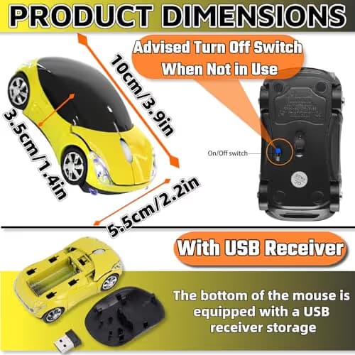 HuGuWdy Yellow Cute Wireless Mouse，2.4G with USB Reciver 1600DPI Car Mouse for Computer Wireless for Laptop Computer Tablet for Windows for Mac OS for Christmas（Yellow） image