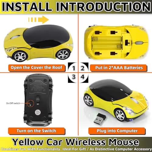 HuGuWdy Yellow Cute Wireless Mouse，2.4G with USB Reciver 1600DPI Car Mouse for Computer Wireless for Laptop Computer Tablet for Windows for Mac OS for Christmas（Yellow） image
