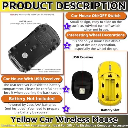 HuGuWdy Yellow Cute Wireless Mouse，2.4G with USB Reciver 1600DPI Car Mouse for Computer Wireless for Laptop Computer Tablet for Windows for Mac OS for Christmas（Yellow） image