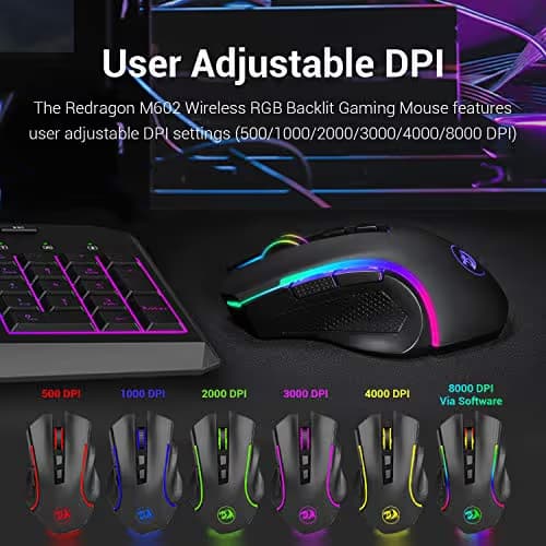 Redragon M602 Griffin RGB Gaming Mouse, RGB Spectrum Backlit Ergonomic Mouse with 7 Programmable Backlight Modes up to 8000 DPI for Windows PC Gamers (Black, Wireless) image