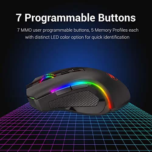 Redragon M602 Griffin RGB Gaming Mouse, RGB Spectrum Backlit Ergonomic Mouse with 7 Programmable Backlight Modes up to 8000 DPI for Windows PC Gamers (Black, Wireless) image