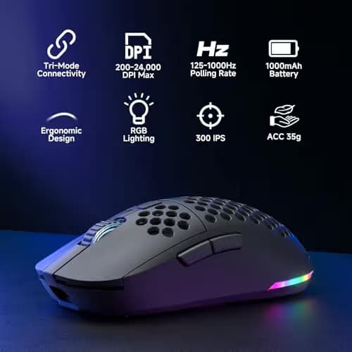 DIERYA M1 Wireless Gaming Mouse, 24000DPI, 180Hrs Battery, 16.8M RGB, 6 Programmable Buttons, Lightweight, Tri-Mode (2.4G/BT5.2/USB-C) for PC/Mac/Laptop - Black image