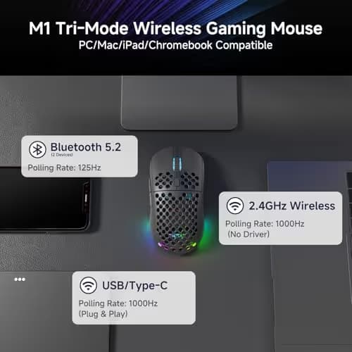 DIERYA M1 Wireless Gaming Mouse, 24000DPI, 180Hrs Battery, 16.8M RGB, 6 Programmable Buttons, Lightweight, Tri-Mode (2.4G/BT5.2/USB-C) for PC/Mac/Laptop - Black image