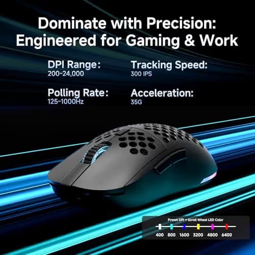 DIERYA M1 Wireless Gaming Mouse, 24000DPI, 180Hrs Battery, 16.8M RGB, 6 Programmable Buttons, Lightweight, Tri-Mode (2.4G/BT5.2/USB-C) for PC/Mac/Laptop - Black image