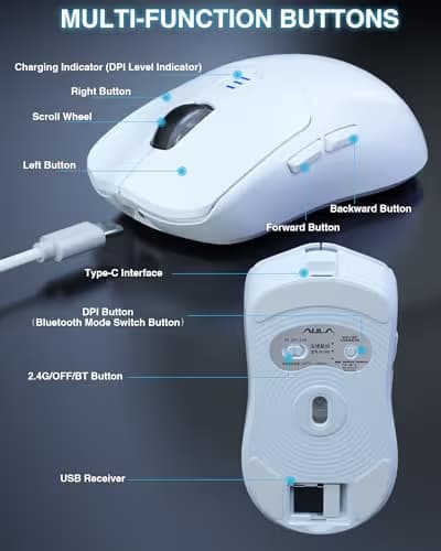 AULA SC580 Wireless Gaming Mouse, Tri-Mode 2.4G/BT5.0/USB-C Gaming Mouse, 12000 DPI Rechargeable Wireless Mouse with 6 Programmable Buttons, Ergonomic Computer Mouse for Laptop/PC/Mac/Tablet image