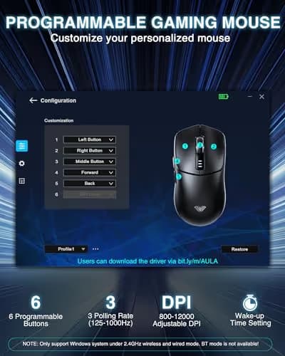 AULA SC580 Wireless Gaming Mouse, Tri-Mode 2.4G/BT5.0/USB-C Gaming Mouse, 12000 DPI Rechargeable Wireless Mouse with 6 Programmable Buttons, Ergonomic Computer Mouse for Laptop/PC/Mac/Tablet image