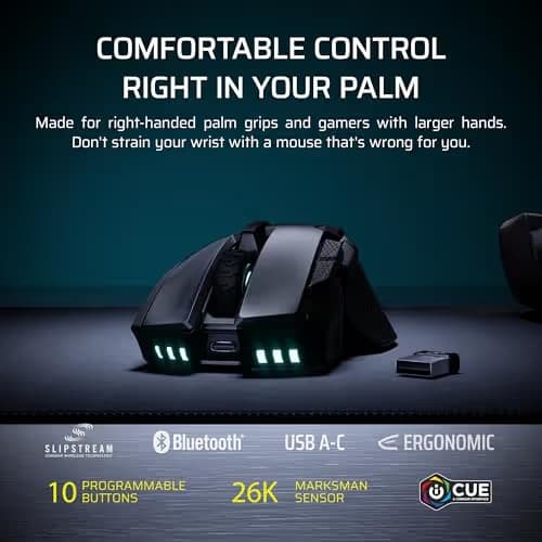 Corsair IRONCLAW Wireless SE Gaming Mouse – 26,000 DPI, Ergonomic Design for Larger Hands, 10 Programmable Buttons, for MOBA, FPS, MMO – Black image