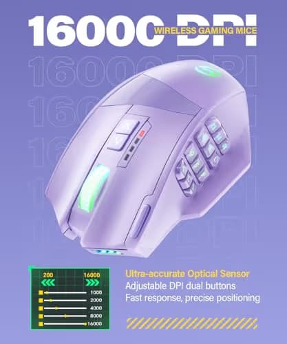 UtechSmart Venus Pro Wireless MMO Gaming Mouse, 16,000 DPI Optical Sensor, Wired/Wireless Dual Modes, 16M Chroma RGB Lighting, 16 Programmable Buttons, Ergonomic Design, Up to 70H, Purple image