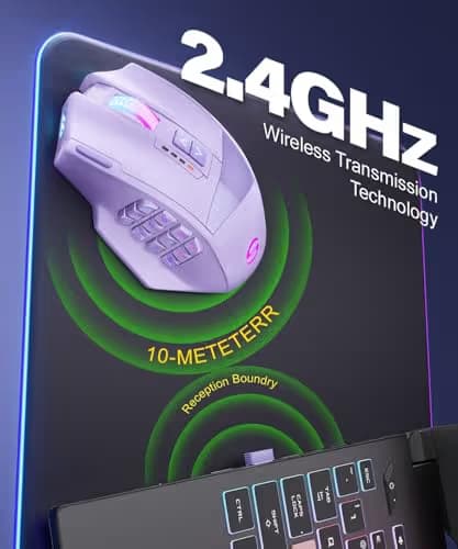 UtechSmart Venus Pro Wireless MMO Gaming Mouse, 16,000 DPI Optical Sensor, Wired/Wireless Dual Modes, 16M Chroma RGB Lighting, 16 Programmable Buttons, Ergonomic Design, Up to 70H, Purple image