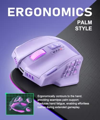 UtechSmart Venus Pro Wireless MMO Gaming Mouse, 16,000 DPI Optical Sensor, Wired/Wireless Dual Modes, 16M Chroma RGB Lighting, 16 Programmable Buttons, Ergonomic Design, Up to 70H, Purple image