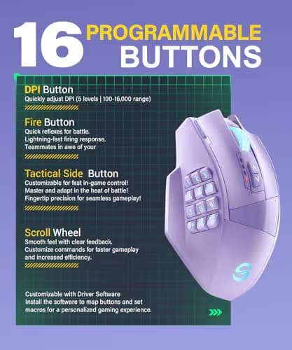 UtechSmart Venus Pro Wireless MMO Gaming Mouse, 16,000 DPI Optical Sensor, Wired/Wireless Dual Modes, 16M Chroma RGB Lighting, 16 Programmable Buttons, Ergonomic Design, Up to 70H, Purple image