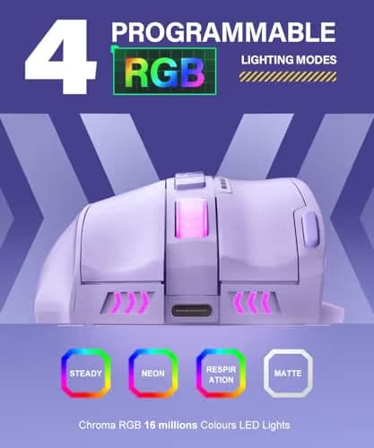 UtechSmart Venus Pro Wireless MMO Gaming Mouse, 16,000 DPI Optical Sensor, Wired/Wireless Dual Modes, 16M Chroma RGB Lighting, 16 Programmable Buttons, Ergonomic Design, Up to 70H, Purple image