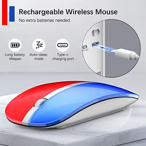 JOYACCESS Rechargeable Wireless Mouse, 2.4G Portable Slim Silent Mouse with USB Receiver and Type C Adapter, 5 Level 3000 DPI, Works with Mac or iPad (Blue & Red) image