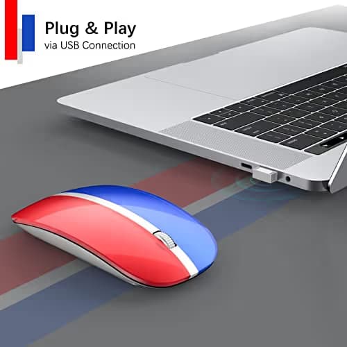 JOYACCESS Rechargeable Wireless Mouse, 2.4G Portable Slim Silent Mouse with USB Receiver and Type C Adapter, 5 Level 3000 DPI, Works with Mac or iPad (Blue & Red) image