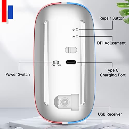JOYACCESS Rechargeable Wireless Mouse, 2.4G Portable Slim Silent Mouse with USB Receiver and Type C Adapter, 5 Level 3000 DPI, Works with Mac or iPad (Blue & Red) image