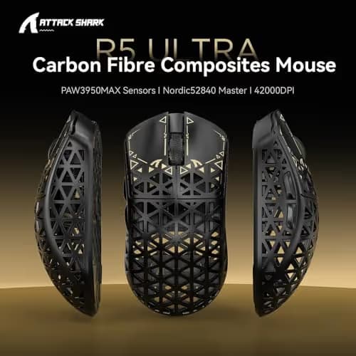 ATTACK SHARK R5Ultra 8K Carbon Fiber Wireless Gaming Mouse with 42000 DPI -PAW3950 MAX Sensor -39g Ultra-Lightweight-Nordic 52840 MCU Chip-Wired/BT/2.4GHz Wirelss Programmable Mouse for PC/Mac (Black) image