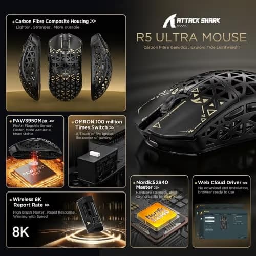 ATTACK SHARK R5Ultra 8K Carbon Fiber Wireless Gaming Mouse with 42000 DPI -PAW3950 MAX Sensor -39g Ultra-Lightweight-Nordic 52840 MCU Chip-Wired/BT/2.4GHz Wirelss Programmable Mouse for PC/Mac (Black) image