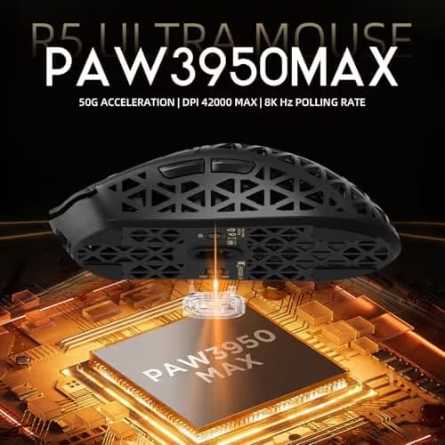 ATTACK SHARK R5Ultra 8K Carbon Fiber Wireless Gaming Mouse with 42000 DPI -PAW3950 MAX Sensor -39g Ultra-Lightweight-Nordic 52840 MCU Chip-Wired/BT/2.4GHz Wirelss Programmable Mouse for PC/Mac (Black) image