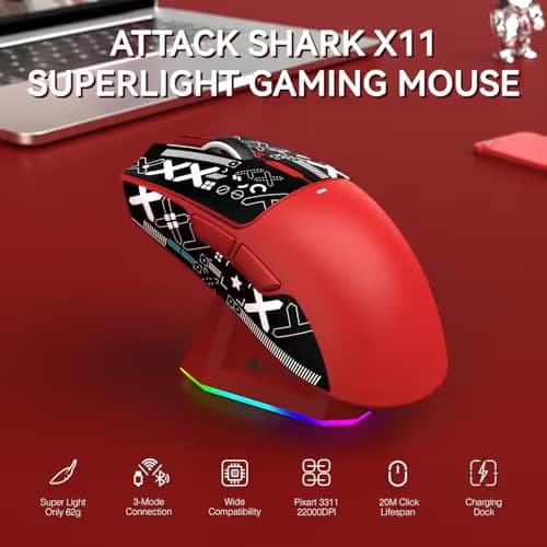 ATTACK SHARK X11 Lightweight Wireless Gaming Mouse with RGB Charging Dock,Tri-Mode-2.4G/USB-C Wired/BT,22K DPI,PAW3311 Optical Sensor,HUYU Switch, 5 programmable Buttons for PC/Mac(Red&Sticker) image