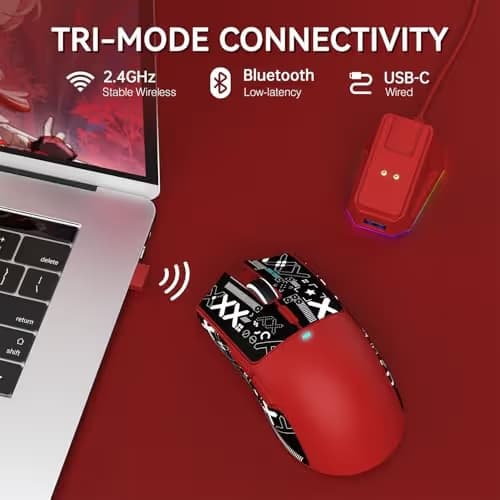 ATTACK SHARK X11 Lightweight Wireless Gaming Mouse with RGB Charging Dock,Tri-Mode-2.4G/USB-C Wired/BT,22K DPI,PAW3311 Optical Sensor,HUYU Switch, 5 programmable Buttons for PC/Mac(Red&Sticker) image
