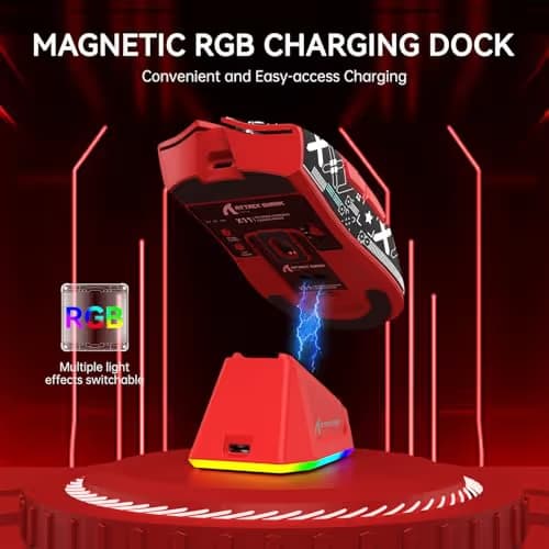 ATTACK SHARK X11 Lightweight Wireless Gaming Mouse with RGB Charging Dock,Tri-Mode-2.4G/USB-C Wired/BT,22K DPI,PAW3311 Optical Sensor,HUYU Switch, 5 programmable Buttons for PC/Mac(Red&Sticker) image
