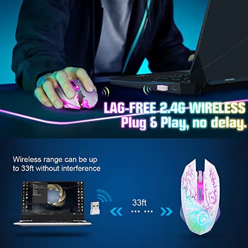 VersionTECH. Wireless Gaming Mouse, Rechargeable Computer Mouse Mice with Colorful LED Lights, Silent Click, 2.4G USB Nano Receiver, 3 Level DPI for PC Gamer Laptop Desktop Chromebook Mac-White image