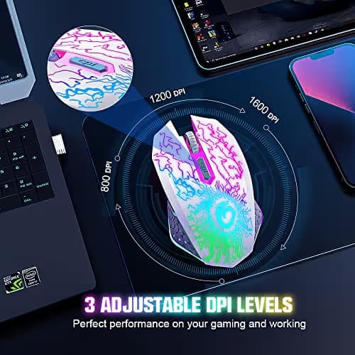 VersionTECH. Wireless Gaming Mouse, Rechargeable Computer Mouse Mice with Colorful LED Lights, Silent Click, 2.4G USB Nano Receiver, 3 Level DPI for PC Gamer Laptop Desktop Chromebook Mac-White image