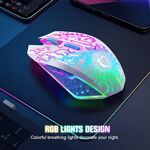 VersionTECH. Wireless Gaming Mouse, Rechargeable Computer Mouse Mice with Colorful LED Lights, Silent Click, 2.4G USB Nano Receiver, 3 Level DPI for PC Gamer Laptop Desktop Chromebook Mac-White image