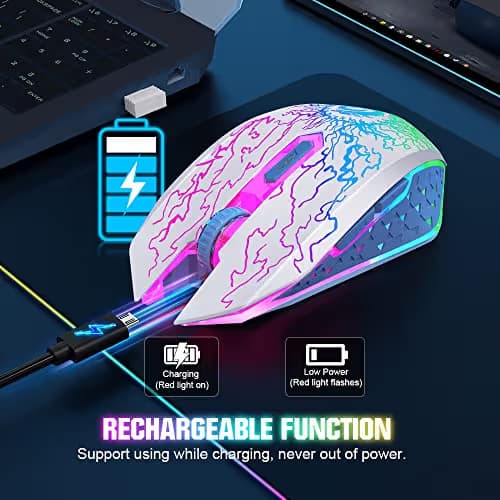 VersionTECH. Wireless Gaming Mouse, Rechargeable Computer Mouse Mice with Colorful LED Lights, Silent Click, 2.4G USB Nano Receiver, 3 Level DPI for PC Gamer Laptop Desktop Chromebook Mac-White image