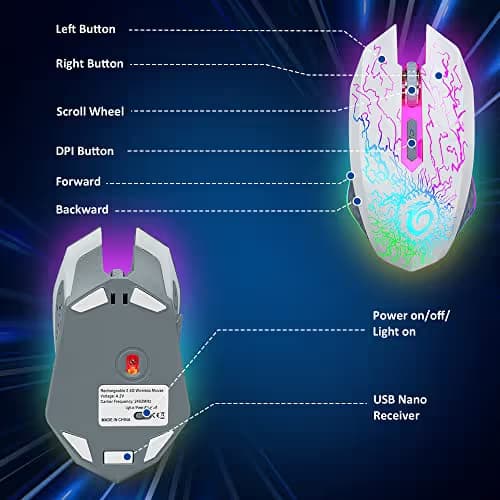 VersionTECH. Wireless Gaming Mouse, Rechargeable Computer Mouse Mice with Colorful LED Lights, Silent Click, 2.4G USB Nano Receiver, 3 Level DPI for PC Gamer Laptop Desktop Chromebook Mac-White image