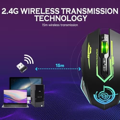 UHURU Wireless Gaming Mouse Up to 12000 DPI, Rechargeable USB-C Wireless Mouse with 7 Buttons 7 Dynamic LED Color Ergonomic Programmable MMO RPG for PC Laptop, Compatible with Windows Mac image