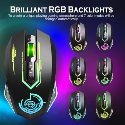 UHURU Wireless Gaming Mouse Up to 12000 DPI, Rechargeable USB-C Wireless Mouse with 7 Buttons 7 Dynamic LED Color Ergonomic Programmable MMO RPG for PC Laptop, Compatible with Windows Mac image