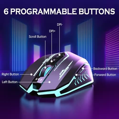 UHURU Wireless Gaming Mouse Up to 12000 DPI, Rechargeable USB-C Wireless Mouse with 7 Buttons 7 Dynamic LED Color Ergonomic Programmable MMO RPG for PC Laptop, Compatible with Windows Mac image