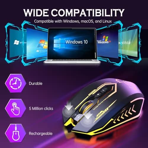 UHURU Wireless Gaming Mouse Up to 12000 DPI, Rechargeable USB-C Wireless Mouse with 7 Buttons 7 Dynamic LED Color Ergonomic Programmable MMO RPG for PC Laptop, Compatible with Windows Mac image