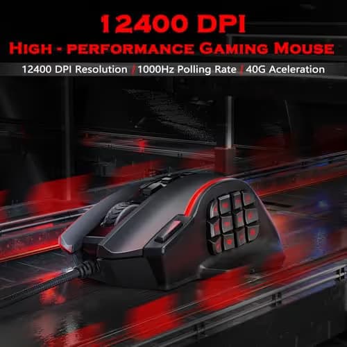 Redragon Gaming Mouse, MMO Mouse Gaming UP 12400 DPI, 19 Macro Programmable Buttons, RGB Mouse with 12 Side Buttons, 8 * 2.4g Weight Tuning for PC Laptop MOBA FPS, M901K, Black image