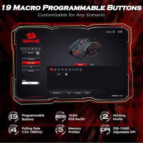 Redragon Gaming Mouse, MMO Mouse Gaming UP 12400 DPI, 19 Macro Programmable Buttons, RGB Mouse with 12 Side Buttons, 8 * 2.4g Weight Tuning for PC Laptop MOBA FPS, M901K, Black image