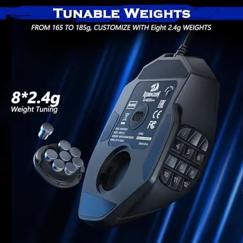 Redragon Gaming Mouse, MMO Mouse Gaming UP 12400 DPI, 19 Macro Programmable Buttons, RGB Mouse with 12 Side Buttons, 8 * 2.4g Weight Tuning for PC Laptop MOBA FPS, M901K, Black image