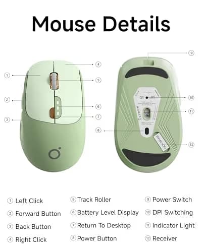 EWEADN Q5 Wireless Mouse, Bluetooth & 2.4G Quiet Computer Mouses with Battery Level Display, 1600 DPI, Ergonomic Office Mouse, 6 Button Portable Cute Computer Mouse for Laptop/PC/Mac - Green image