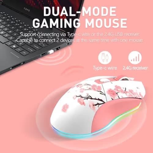 DAREU Sakura Pink Wireless Gaming Mouse with Charging Dock Rechargeable RGB,12K DPI,6 Programmable Buttons High-Precision Sensor [300IPS] [1000Hz] for PC Notebook Mac image