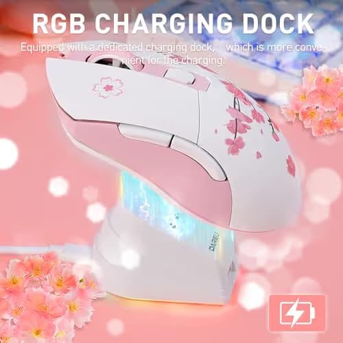 DAREU Sakura Pink Wireless Gaming Mouse with Charging Dock Rechargeable RGB,12K DPI,6 Programmable Buttons High-Precision Sensor [300IPS] [1000Hz] for PC Notebook Mac image