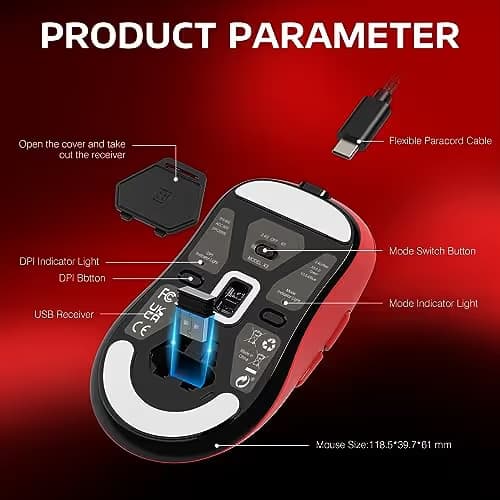 ATTACK SHARK X3 Lightweight Wireless Gaming Mouse with Tri-Mode 2.4G/USB-C Wired/Bluetooth,26K DPI, PAW3395 Optical Sensor,Kailh GM8.0 Switch,5 programmable Buttons for PC/Win/Mac(Red) image
