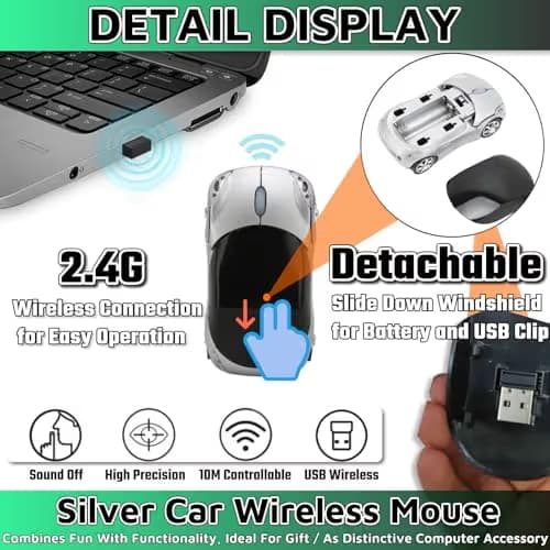 HuGuWdy Silver Car Mouse，2.4G with USB Reciver 1600DPI Computer Mice Wireless for Computer Wireless Computer Mouse for Laptop Tablet for Windows Mac OS（Silver） image