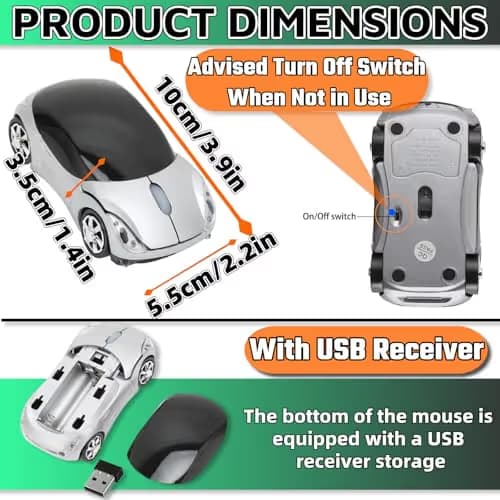 HuGuWdy Silver Car Mouse，2.4G with USB Reciver 1600DPI Computer Mice Wireless for Computer Wireless Computer Mouse for Laptop Tablet for Windows Mac OS（Silver） image