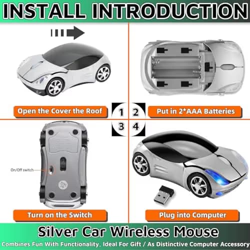HuGuWdy Silver Car Mouse，2.4G with USB Reciver 1600DPI Computer Mice Wireless for Computer Wireless Computer Mouse for Laptop Tablet for Windows Mac OS（Silver） image
